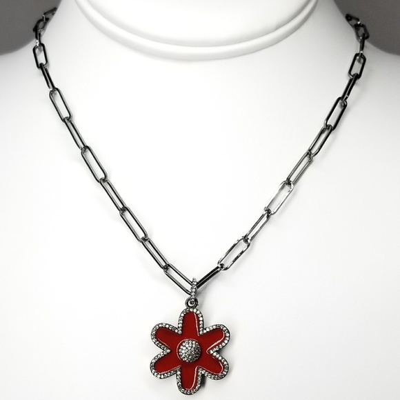 NWT Red Enamel Flower Pendant Charm Pave CZ - Picture 1 of 8